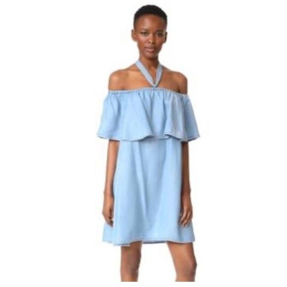 Rebecca Minkoff Chambray Dress Women 8 Blue Off Shoulder Mini Flowy Boho Coastal
